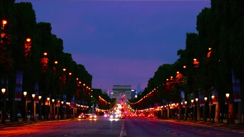 Arc de Triomphe at dusk, Paris, France and Champs Elysees time lapse static Stock Footage 150401944