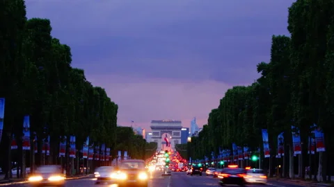 Arc de Triomphe at dusk, Paris, France and Champs Elysees time lapse zoom out Stock Footage 150401951