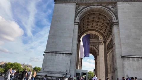 Arc de Triomphe monument, Place Charles de Gaulle, Paris, France. Low angle pov Stock Footage 305728849