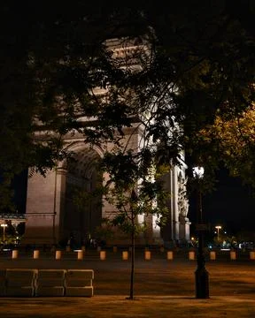 Arc de Triomphe night view through trees Paris France Stock Photos