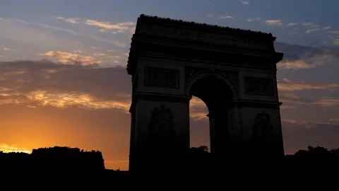 Arc de Triomphe or Triumphal Arch, Time Lapse at Sunrise, Paris, France Stock Footage 123279461