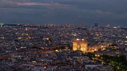 Arc de Triomphe Paris Aerial Night City Lights Stock Footage 199670964