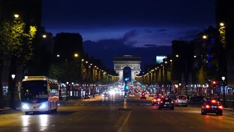 Arc de triomphe Paris city at sunset, France. Champs Elysees street at night. Stock Footage 237924400