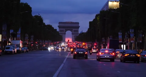 Arc de triomphe Paris city at sunset - Arch of Triumph and Champs Elysees Stock Footage 240840147