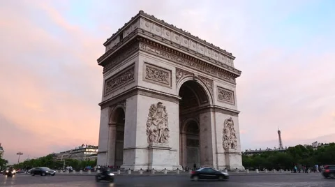 Arc de Triomphe in Paris at dusk, traffic Stock Footage 42866021
