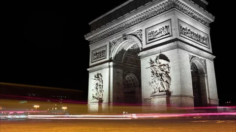 Arc de Triomphe, Paris, France Night Timelapse Stock Footage