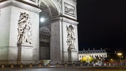 Arc de Triomphe in Paris at night from illuminated timelapse perspective Stock Footage 99328274