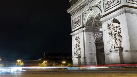 Arc de Triomphe  in Paris at romantic night from a timelapse perspective Stock Footage 98904261