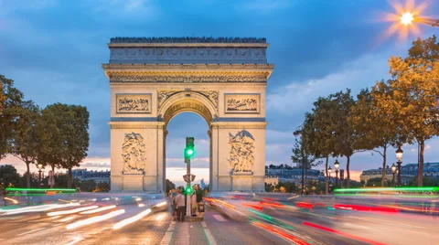 Arc de Triomphe - Paris traffic on Champs-Elysees at night HD Stock Footage 65455170