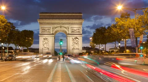 Arc de Triomphe - Paris traffic on Champs-Elysees at night HD Stock Footage 65682467