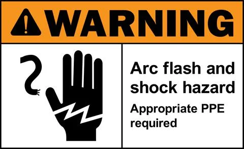 Arc flash and shock hazard. Appropriate PPE required warning sign. Stock Illustration