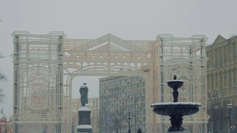 Arc with illumination on Pushkin square with Pushkin statue. Stock Footage 86767080
