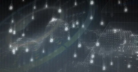 Arc sweeping binary digits drifting and data ring rotating as mesh forming 3D Stock Footage 311664183