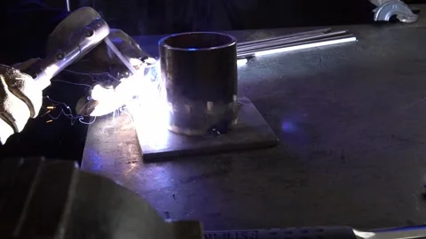 Arc Welder with Sparks. Profile Angle. Slow Motion Stock Footage 254744305