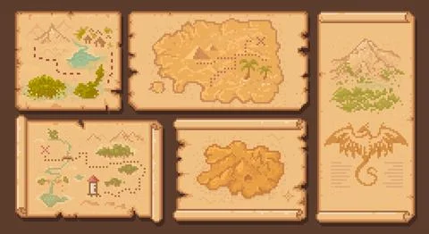 Arcade 8 bit pixel game pirate treasure maps set Stock Illustration
