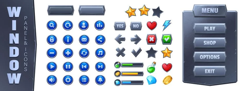 Arcade game grey stone interface kit with buttons Stock Illustration