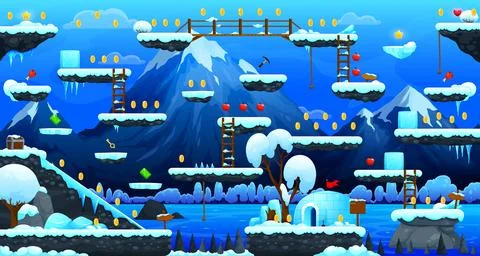 Arcade game level map with mountains ice platforms Stock Illustration