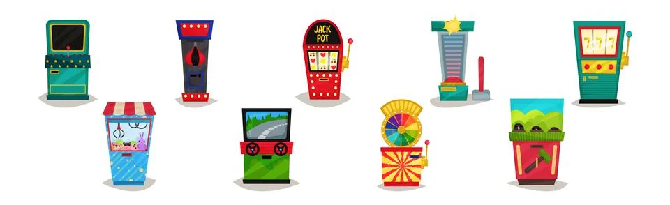 Arcade Game Machine and Amusement Equipment Vector Set Stock Illustration