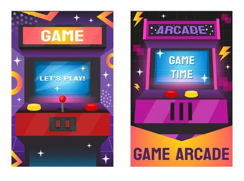 Arcade game machine background. Retro 80s console with pinball logo. 90s scre Stock Illustration