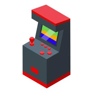 Arcade game machine displaying pixelated landscape game Stock Illustration