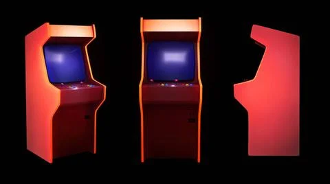 Arcade game machine, isolated rendering 3D views. Graphic elements with a ... Fotos Stock