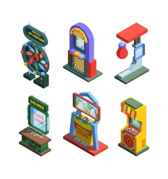 Arcade game machine isometric trainers set. Gaming machine devices for checking Stock Illustration