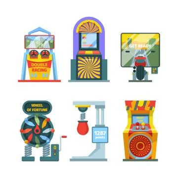 Arcade game machine set. Retro gaming machine with joysticks and screen colorful Stock Illustration