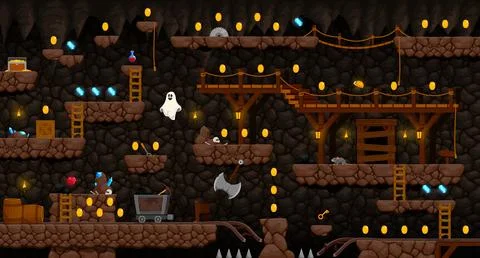 Arcade game, mine level map interface, platforms Stock Illustration