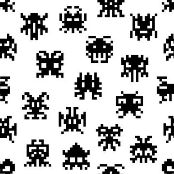 Arcade game pixel monster seamless pattern, 8 bit Stock Illustration