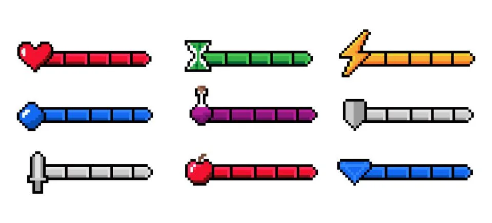 Arcade game progress bar. 8-bit indicators of health and stamina, money or Stock Illustration