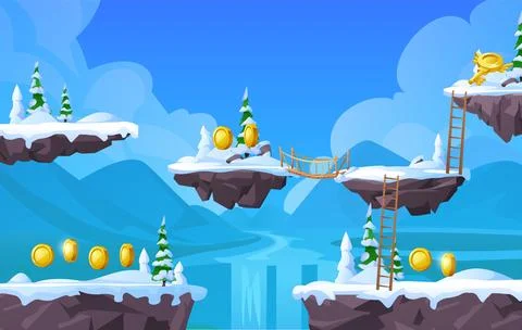 Arcade game scenery design with floating snowy islands, 2D vector illustration. Stock Illustration