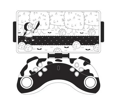 Arcade game on smartphone gamepad black and white 2D line cartoon object Stock Illustration