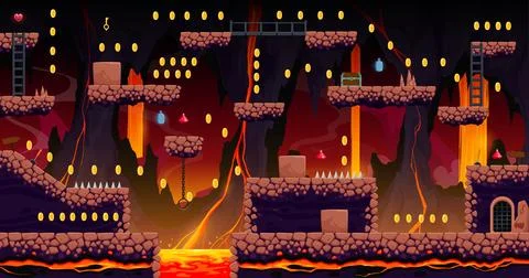 Arcade game volcano cave level map with platforms Stock Illustration