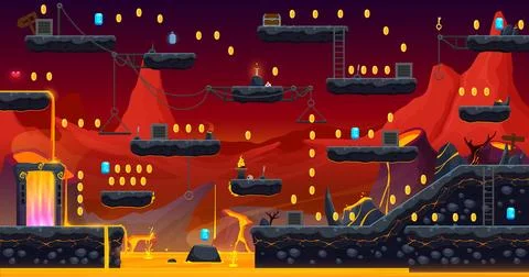 Arcade game volcano level map with stone platforms Stock Illustration