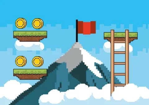 Arcade game world and pixel scene design  vector illustration Stock Illustration