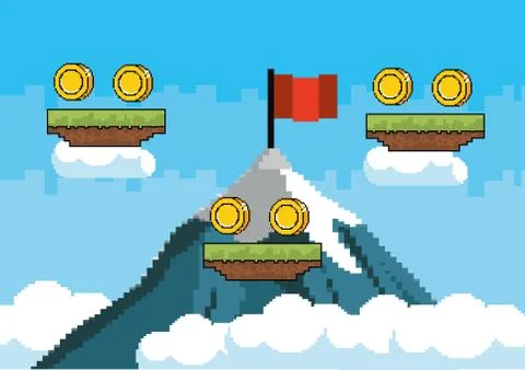 Arcade game world and pixel scene design  vector illustration Stock Illustration