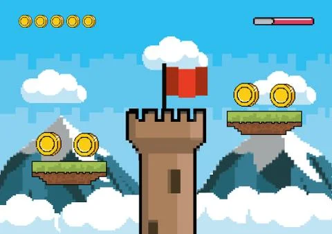 Arcade game world and pixel scene design  vector illustration Stock Illustration