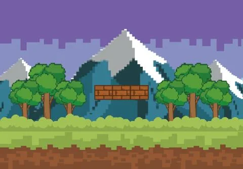 Arcade game world and pixel scene design  vector illustration Stockillustratie