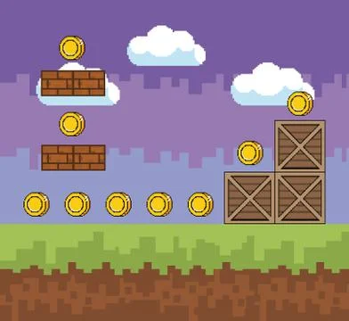 Arcade game world and pixel scene design  vector illustration Stock Illustration