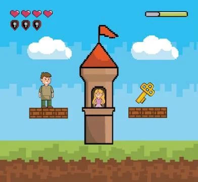 Arcade game world and pixel scene design Stock Illustration