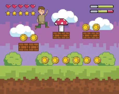 Arcade game world and pixel scene design イラスト素材