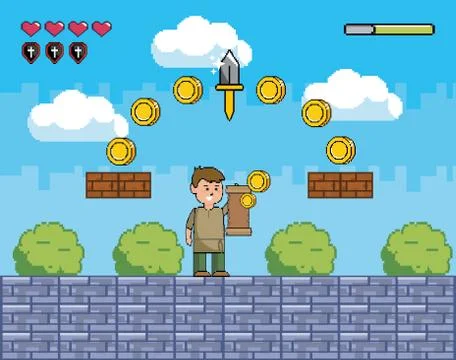 Arcade game world and pixel scene design イラスト素材