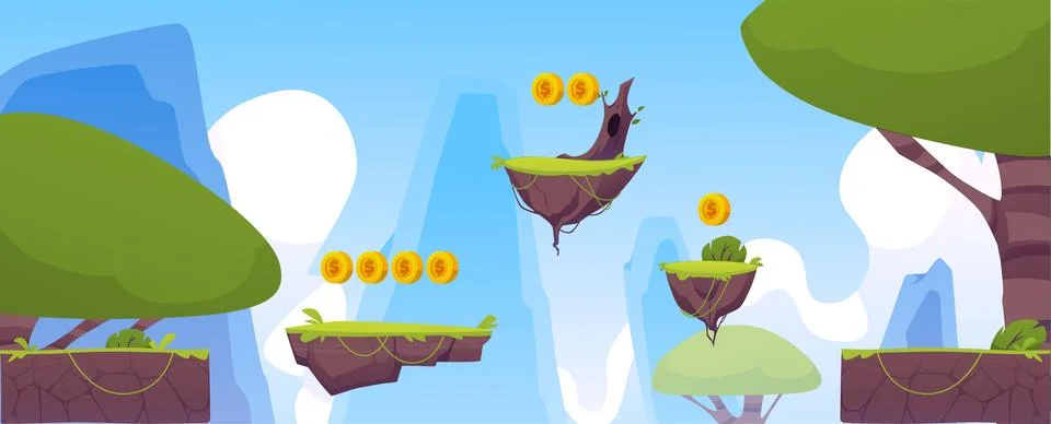 Arcade level with floating platforms and coins in a cartoon style. 스톡 일러스트