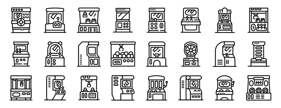 Arcade machine icons set. Arcade game machines providing entertainment and .. Stock Illustration