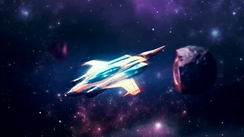 Arcade sci-fi spaceship flying through meteorites in space galaxy animation Stock Footage 251125248
