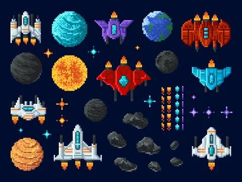 Arcade shooter 8 bit pixel art game space invaders Stock Illustration