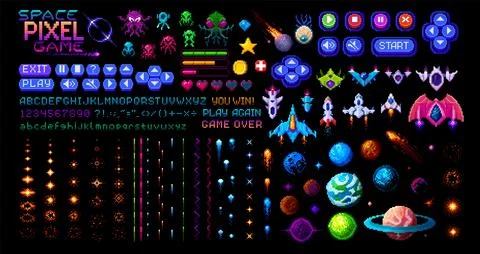 Arcade space 8 bit pixel art game asset set Illustrazione stock