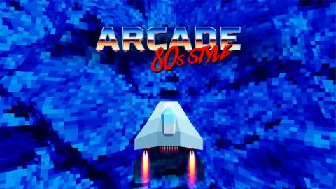 Arcade space ship flying over the the blue corridor or canyon landscape with 3D Ilustração Stock
