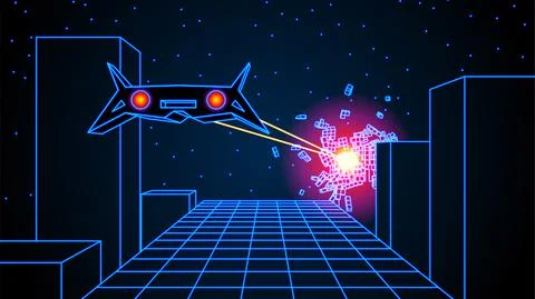 Arcade space ship flying over the road with 3D buildings, 80s style synthwave or Ilustração Stock
