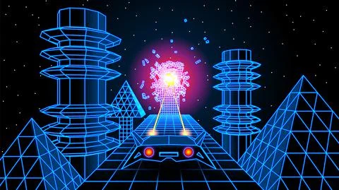 Arcade space ship flying over the road with 3D buildings, 80s style synthwave or Ilustração Stock